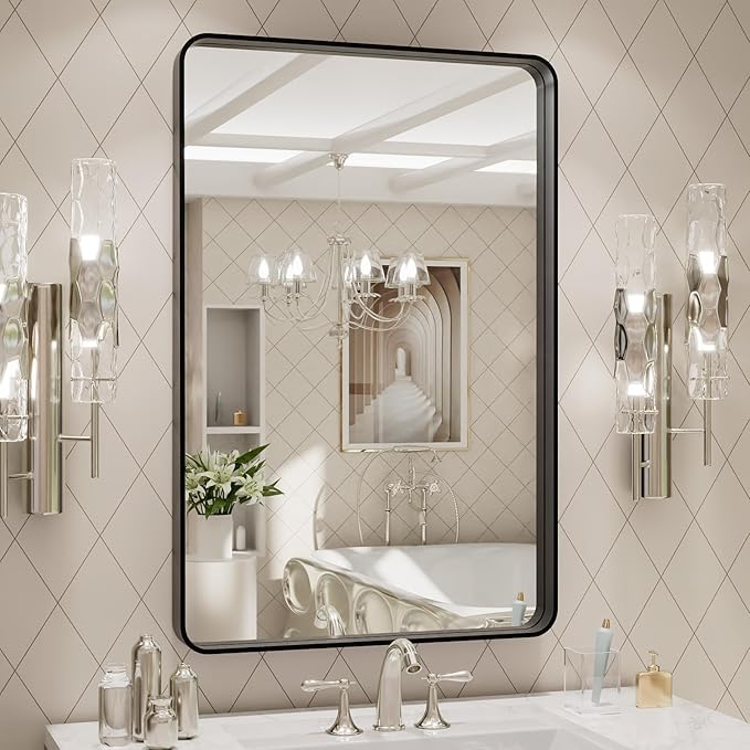 LOAAO 20X30 Inch Black Metal Framed Bathroom Mirror for Wall, Matte Black Bathroom Vanity Mirror Farmhouse, Large Rounded Rectangle Mirror, Anti-Rust, Hangs Horizontally or Vertically