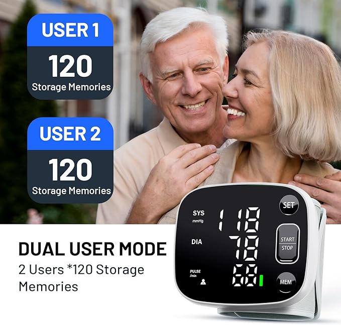 FOTOSY Blood Pressure Monitor Rechargeable Blood Pressure Monitors for Home Use Adjustable Automatic Wrist Cuff Voice Broadcast 2 * 120 Reading Memory for 2 Users with Carrying Case