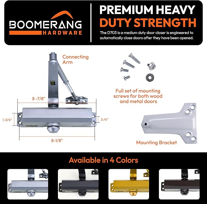 Boomerang Medium Duty Automatic Commercial Door Closer - D703 Hydraulic UL 3 hr. Fire Rated Closer, Surface-Mounted Size 3 for Home & Light Commercial Doors, Aluminum/Silver (US26D)