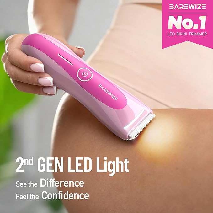 BAREWIZE Bikini Trimmer for Women, Electric Shaver for Women | LED Light, IPX7 Waterproof, USB-C Rechargeable, Ceramic Blade | Electric Razors for Women, Pubic Hair Trimmer Women (Petal Bonbon)
