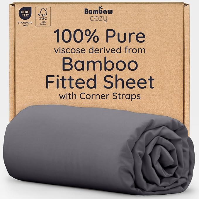 Bambaw 100% Viscose Derived from Bamboo Full Fitted Sheet, Cooling, Deep Pockets, Charcoal