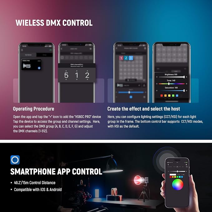 NEEWER HS60C Pro 60W Portable RGB LED Video Light, APP DMX/Panel Control/Custom - Image 5