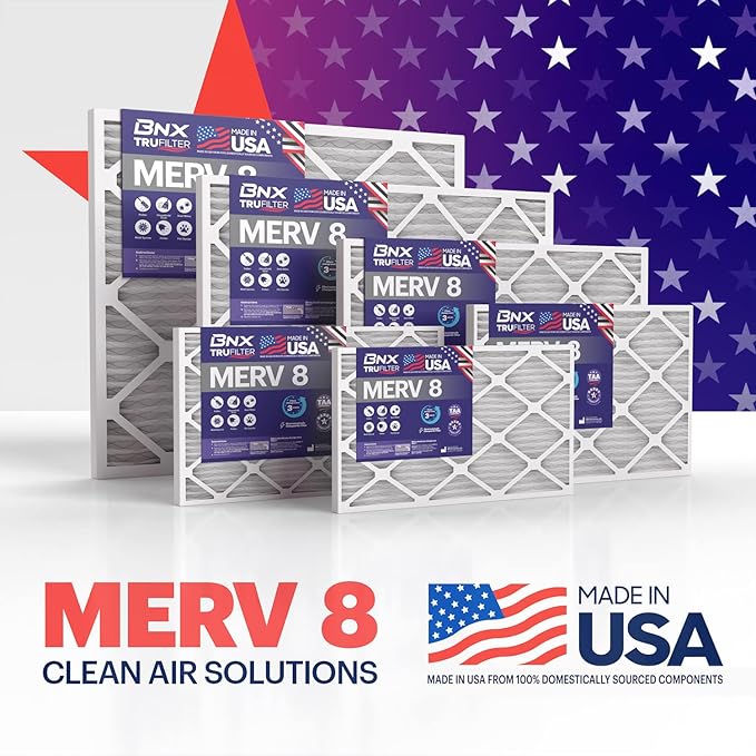 BNX 20x20x1 MERV 8 Air Filter 2 Pack - MADE IN USA - Electrostatic Pleated Air Conditioner HVAC AC Furnace Filters - Removes Dust, Mold, Pollen, Lint