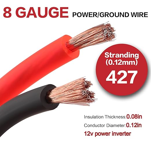 8 Gauge Wire (50ft Each - Red/Black) Copper Clad Aluminum CCA - Primary Automotive Wire,Car Amplifier Power & Ground Cable, 20PCS Lugs Terminal Connectors,60A Fuse Holder and Heat Shrink Tube