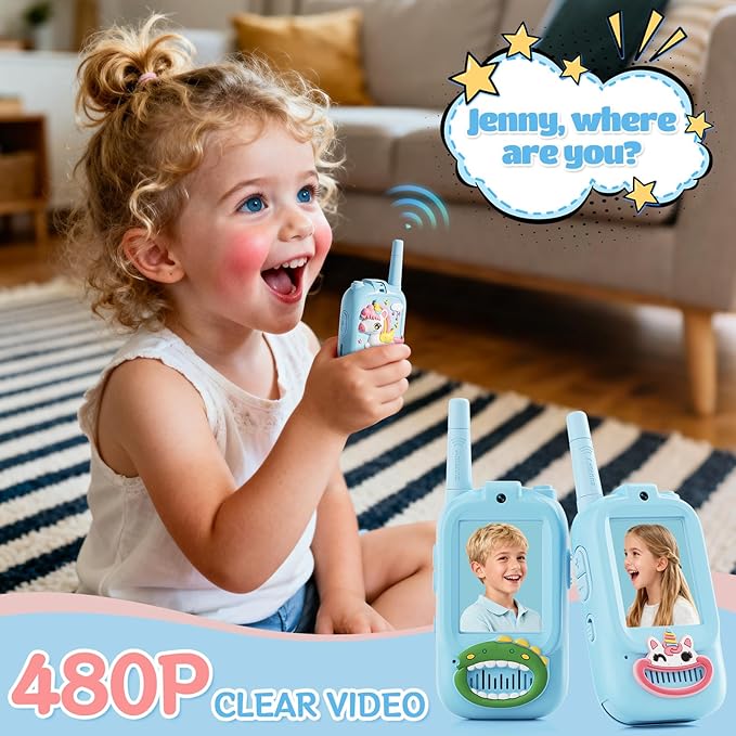 Video Walkie Talkies for Kids – Kids Walkie Talkies 2 Pack with Cute Silicone Cover, Voice Changer, 1000FT Range, Fun Indoor Outdoor Toys – Birthday Gift for Boys and Girls Ages 3-10（Blue+Blue）