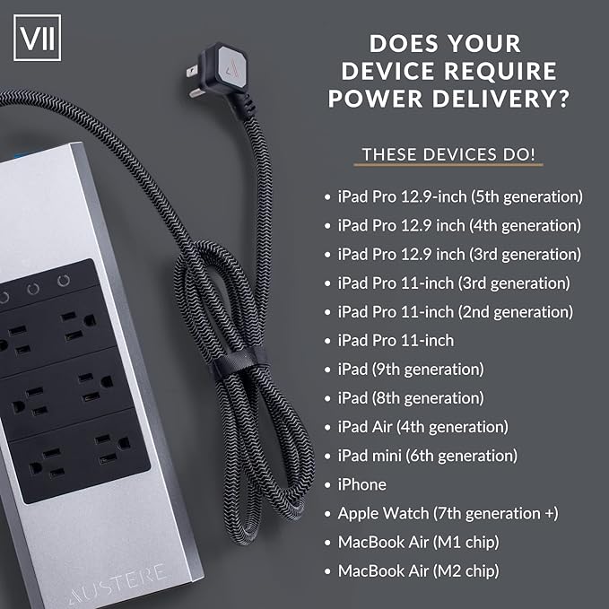 Austere VII Series, 6 Outlet Surge Protector Power Strip, 4000 Joules, Isolated EMI/RFI Filtering, 1 USB-C 45W Fast Charger, 2 USB-C and 2 USB-A 2.4 amp Ports, 7 Year Component Guarantee