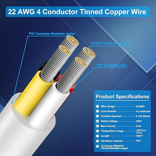 22 Gauge 4 Conductor Electrical Wire, 100FT Low Voltage 22/4 Tinned Copper Stranded 4 Wire Cable, 22 AWG White Flexible Extension Power Cord for Sprinkler, Thermostat, Speaker, Irrigation, Automotive