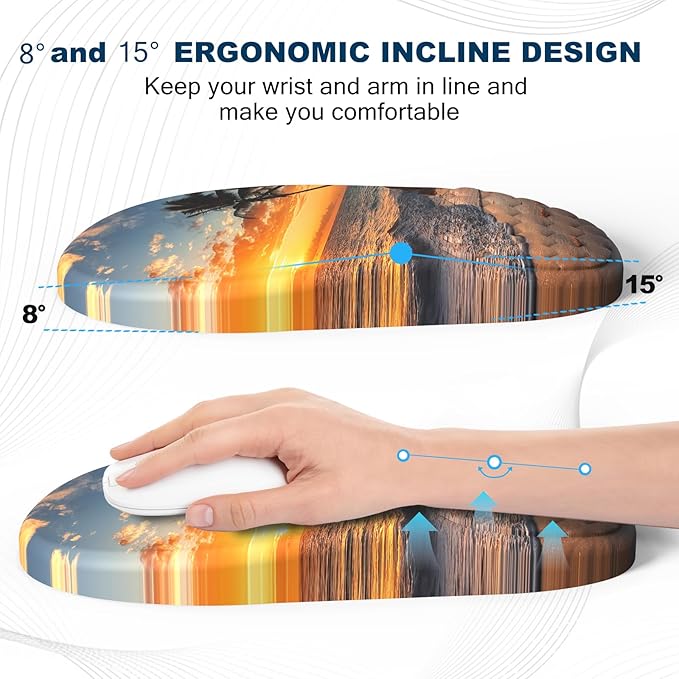 Hasinart Ergonomic Mouse Pad and Keyboard Wrist Rest with Massage Design, Space-Saving Mouse Pad Wrist Support, Memory Foam Wrist Rest with Non-Slip PU Base for Computer Desk, Beach