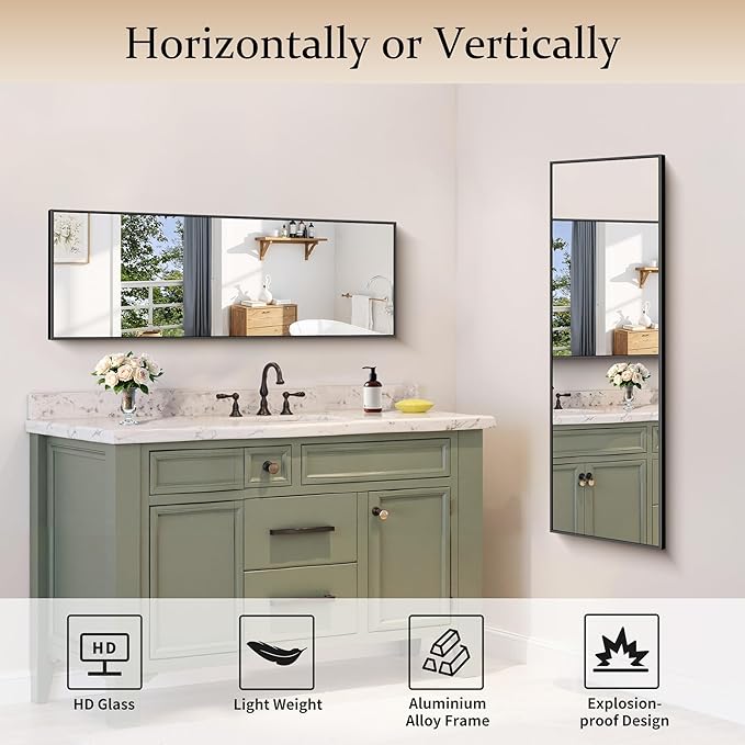 Black Bathroom Mirror for Wall, 16x48 Inch Rectangle Mirror with Metal Frame, Modern Vanity Mirrors for Bathroom Living Room, Entryway Hangs Horizontal or Vertical