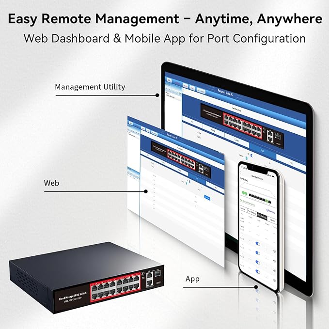 PoE Switch, 16 Port Managed POE+ Ethernet Switch, 240W Built-in Power, Support - Image 3