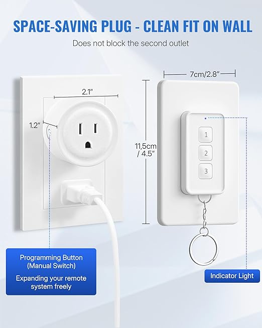 Remote Control Outlet, WILAWELS Wireless Light Switch with Removable Base, On Off Remote Outlet Switch for Light, Lamp, Appliance, 100ft RF Range, 10A/1250W, Expandable, 1 Remote for 3 Plugs W14RC1306