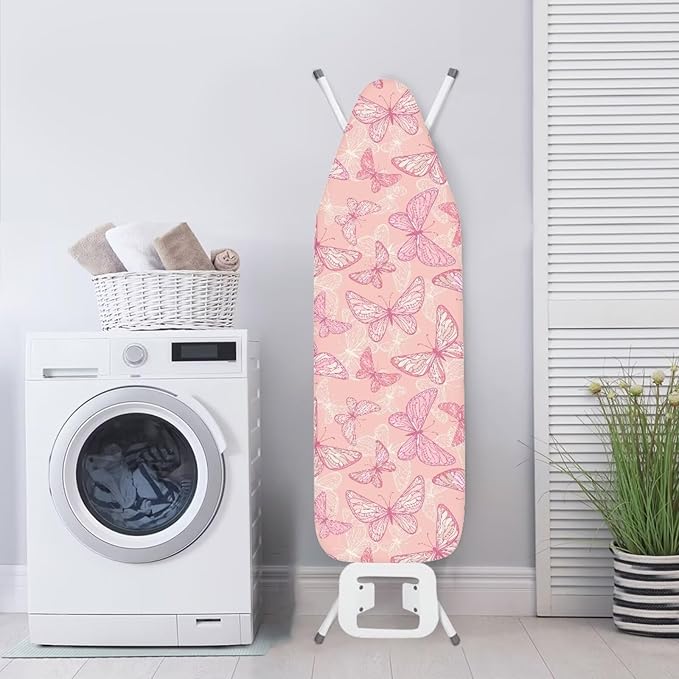 ZCFYGDX Breathable Ironing Board Cover Decor, Resist Scorching & Staining, 14x45 Wear & Soil Resistant Covers, Elastic Edges,3 Fasteners,Anti-Scorch Polyester Butterfly Pattern Pink Print