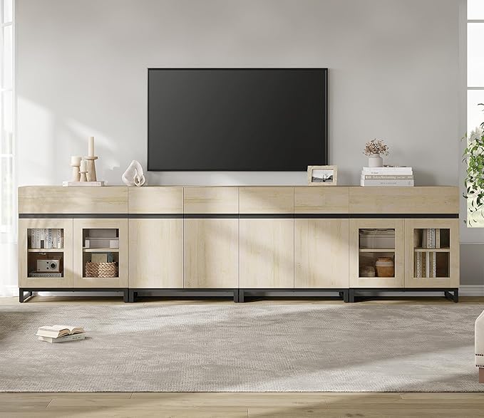 WAMPAT Modern TV Stand for TVs up to 120 inch, 4 in 1 TV Console with Glass Doors and 2 Drawers, Entertainment Center with Adjustable Shelf for Living Room, Bedroom, Light Oak