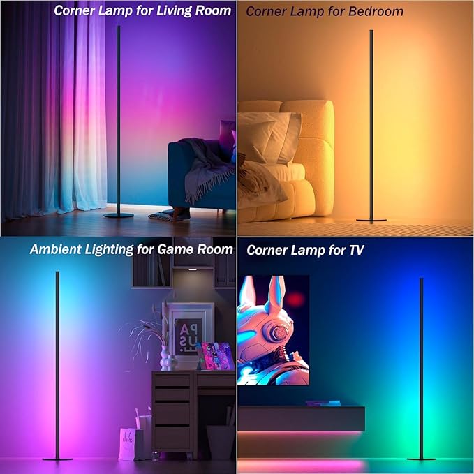 Corner Floor Lamp 2 Pack, 55" Minimalist Standing Lamp with Remote Control, Music Sync 16 Million Colors, Warm White Ambient Lighting, Color Changing LED Corner Lamp for Living Room Bedroom Gaming