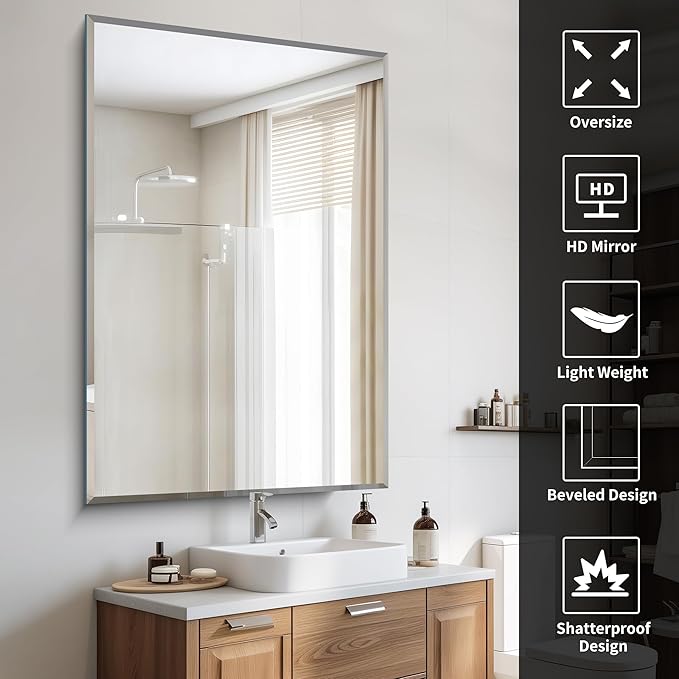 CILIBER Beveled Mirror, 55x36 Large Bathroom Mirrors for Over Sink, Lightweight Design Beveled Frameless Vanity Mirror Wall Mounted, Crystal-Clear 3mm Tempered Glass, Horizontally or Vertically