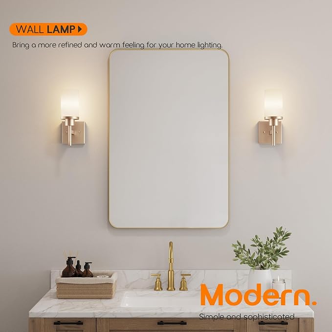 AONEON Vanity Lighting Fixtures with White Frosted Glass Shade, Champagne Bronze Wall Lamps for Bathroom Mirror Bedroom Living Room Porch, 2 Pack T001CPG-L1-P2