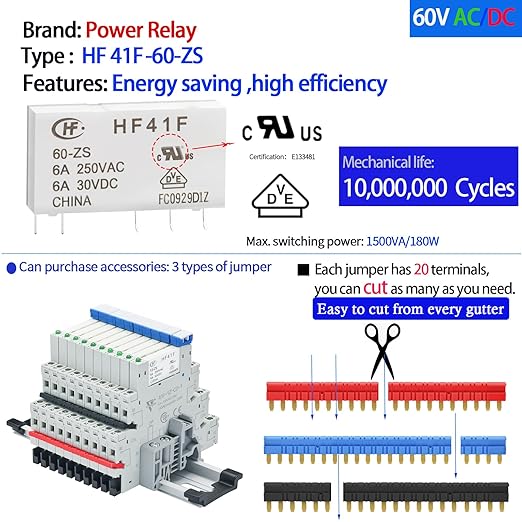 10Pcs Electromechanical Relay Miniature Power Relay 110V/ 120V AC/DC HF41F/60-ZS 1NO 1NC 6A SPDT with LED Indicator, Socket Base, DIN Rail Slotted UL Listed