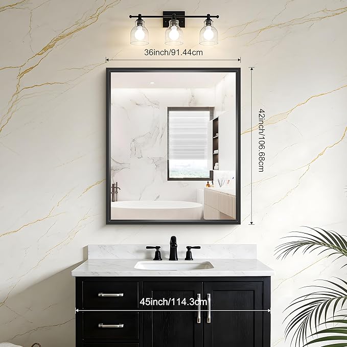 Bathroom Mirror, 42 x 36 Inch Brushed Black Rectangle Mirror, 0.6" Thickened Deep Frame Mirrors for Wall Over Sink, Shatterproof Tempered Glass, Antirust, Horizontally or Vertically
