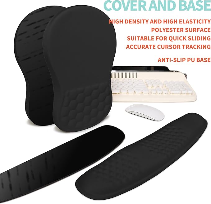 KUOSGM 2-in-1 Ergonomic Set, Wave Rise Keyboard Wrist Rest and Massage Bulge Slope Mouse Pad Wrist Support, Cushion Memory Foam Integrated to Relieve Wrist Pain, Black