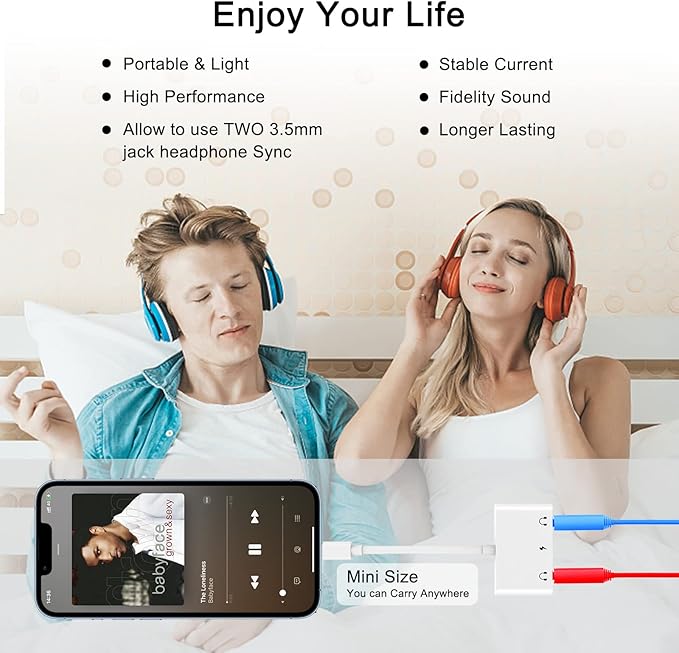 Unitrox 3 in 1 Dual 3.5mm Headphone Jack Adapter - Earphone Jack Audio and Charging Adapter - Headphone Splitter for iPhone 14/13/ 12/11/ X/ 8 - White