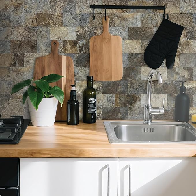 AULIGET 4-Piece Beige & Brown Slate Peel and Stick Backsplash Wall Tiles, 3" x 6" PVC Faux Stone Stick on Tile for Backsplash Kitchen, Bathroom, Laundry Room, Camper, Fireplace