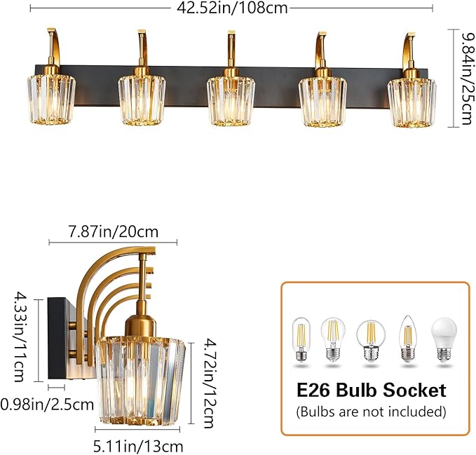 FDPBY Modern Bathroom Vanity Light, 5-Light Black Gold Wall Sconce with Crystal Accents, Over Mirror Bathroom Lighting Fixture, 42.52" Long Dimmable Vanity Lamp for Makeup, Easy Installation