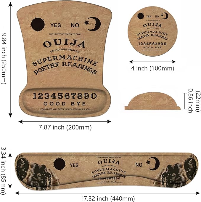 Ergonomic Mouse Pad Wrist Support and Keyboard Wrist Rest Set with Coasters, Non-Slip PU Base, Easy Typing and Relieve Wrist Pain, Perfect for Home Office Working Studying, Retro Ouija Board