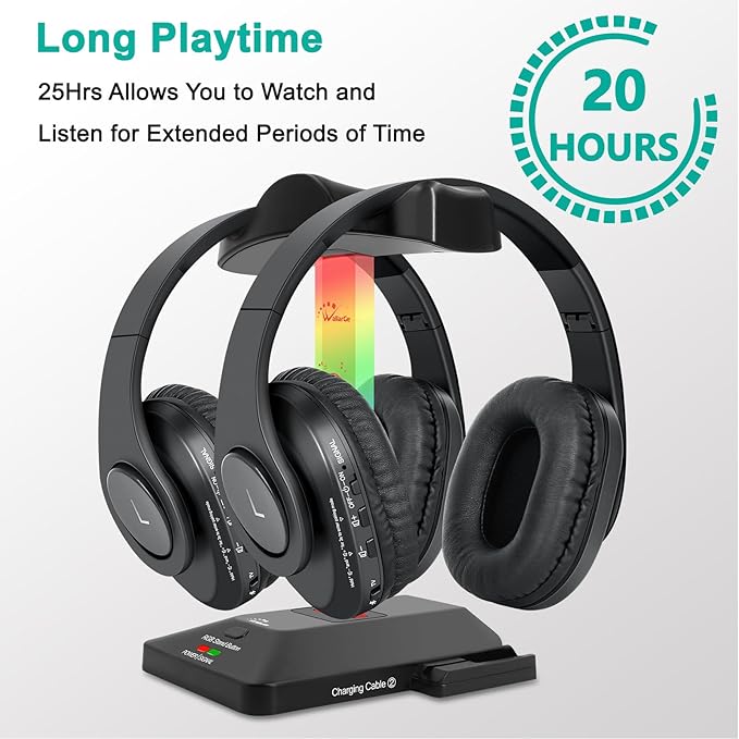 WallarGe Dual Wireless Headphones for TV Watching with RF Transmitter, Bluetooth Over-On Ear TV Headphones Wireless for Seniors, No Lip-Sync Delay, Plug & Play. Set of Two
