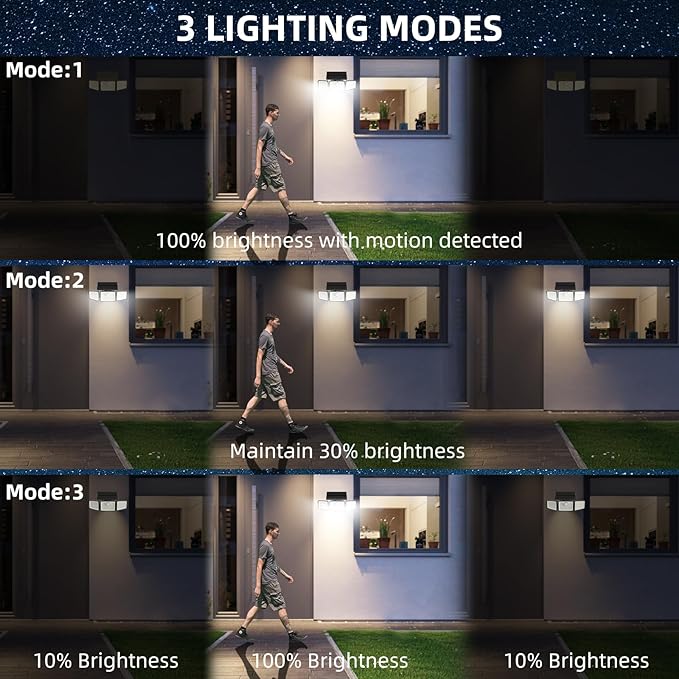 daphino 2500LM Solar Lights Outdoor with Motion Sensor,3 Head 270° Wide Angle Street Area Lights,IP65 Waterproof Security Lighting with 3 Modes(Remote,4 Pcs)