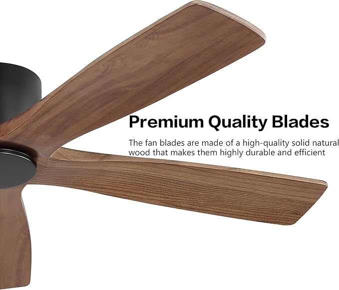 WINGBO 48" Flush Mount DC Ceiling Fans without Lights, 5 Carved Solid Wood Blades, 6-Speed Reversible DC Motor, Low Profile Hugger Ceiling Fan No Lights for Living Room Bedroom Patio, Black and Walnut