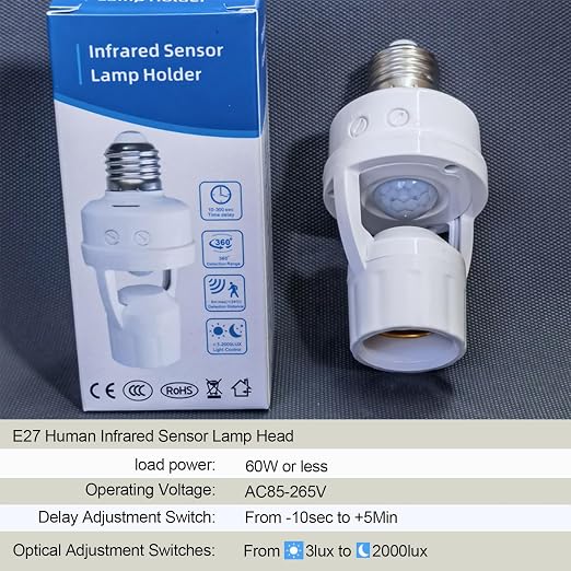 PIR Motion Sensor Light Socket, E26/E27 Smart Lamp Bulb Holder Adapter Auto - Image 9