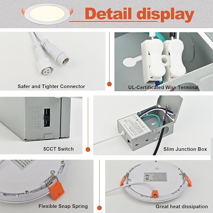 MKUJOO 48 Pack 6 Inch Ultra-Thin LED Recessed Ceiling Light with Junction Box,panel light,Daylight, 13W,2700K/3000K/3500K/4000K/5000K Selectable Dimmable Downlight ETL&FCC&CE and Energy Star Certified