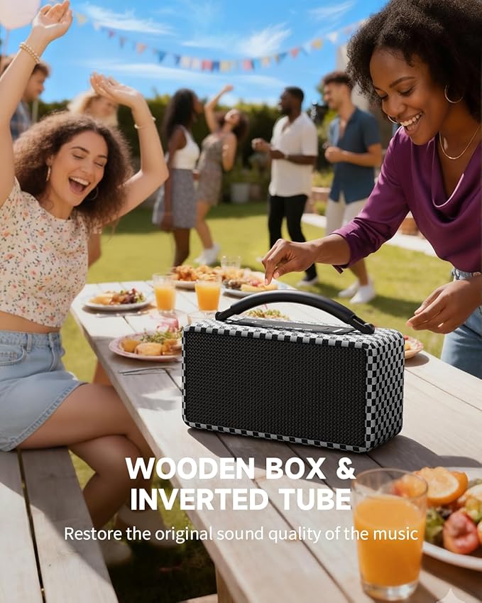DINDIN Portable Bluetooth Speaker: 80W (Peak), 20H Playtime, Loud Wireless Wood Speakers with Bass, AUX and USB Input, Subwoofer, TWS Pairing, Vintage Speaker for Outdoor, Home, Office (White+Black)