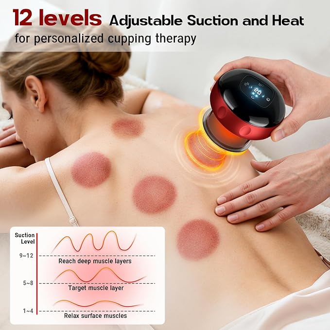 Cakoutanb Smart Cupping Therapy Massager, 7 in 1 Red Light Cupping Therapy Set with 2 Modes for Targeted Pain Relief, Muscle Soreness,Tighter Skin, Cupping Kit with 12 Levels Suction and Heat,1 Pack