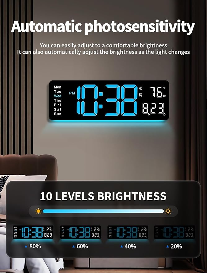 MASHI Digital Wall Clock, 16" Large Display Digital Clock with Remote Control, Auto-Dimming Wall Clock with Night Light, DST, Date Week,Temp for Living Room, Bedroom, Decor, for Elderly