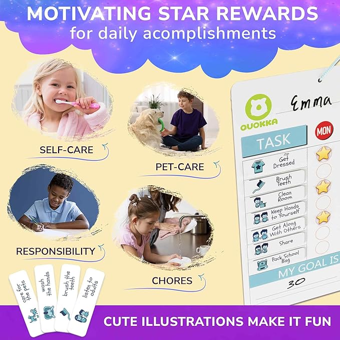 QUOKKA Magnetic Behavior Chore Chart for Kids at Home - Gift Reward Visual Schedule Chart - Dry and Erase Routine and Responsibility - Use 48 Magnets & 49 Stars - from Toddlers to Teens