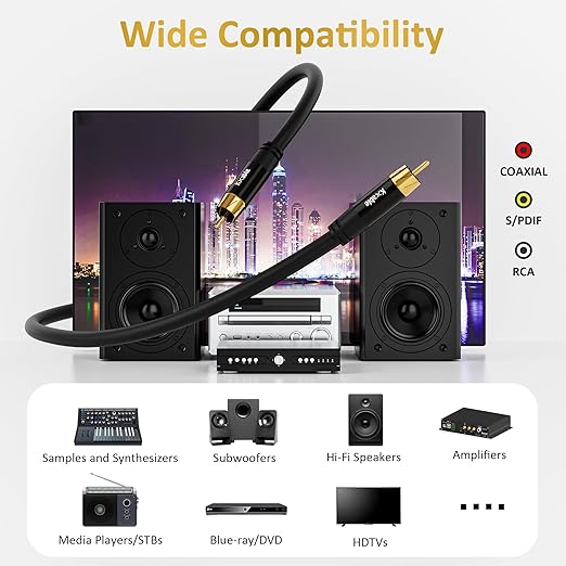 Subwoofer Cable RCA to RCA Audio Cable 20FT, Digital Coaxial Audio Cable, Premium S/PDIF RCA Cord for Home Theater, HDTV, Subwoofer, Hi-Fi System, Amplifier, 22AWG Tinned Copper, Double Shielded