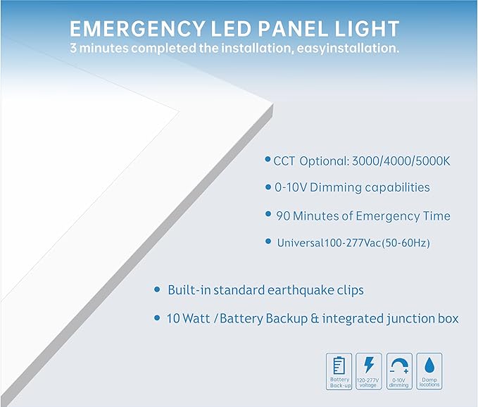 2X4 LED Flat Panel Light with Emergency Battery Backup, 50W 3000K/4000K/5000K, 0-10V Dimmable, 6500 Lumens, LED Drop Ceiling Lights, 100-277V, DLC UL Listed, Ultra Thin Back-Lit(1 Pack)