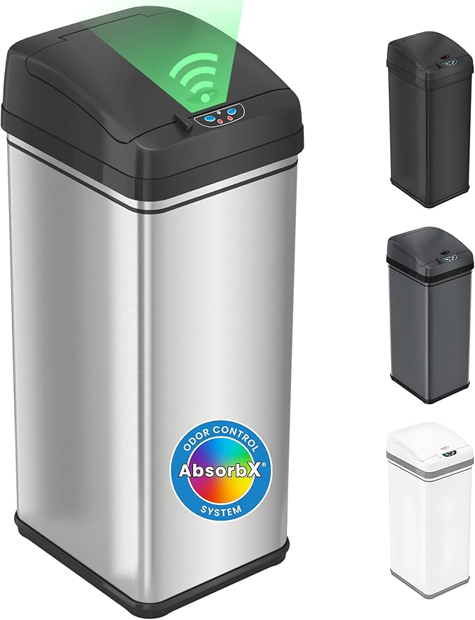 iTouchless 13 Gallon Kitchen Trash Can with Odor Filter, Automatic Motion Sensor Bin, Soft-Close Stainless Steel, Slim Wastebasket for Narrow Spaces, Silver
