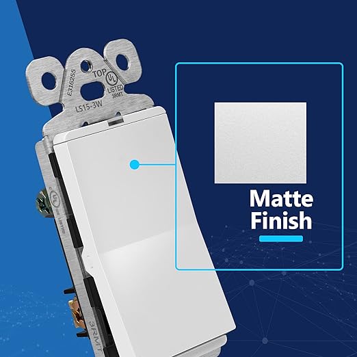 LIDER Minimalist Design Matte Finish Lighted Decorator Switch with Screwless Wall Plate, Frameless Paddle Light Switch with Locator Light, 3-Way, Grounding Screw, 15A 125V, UL Listed, White
