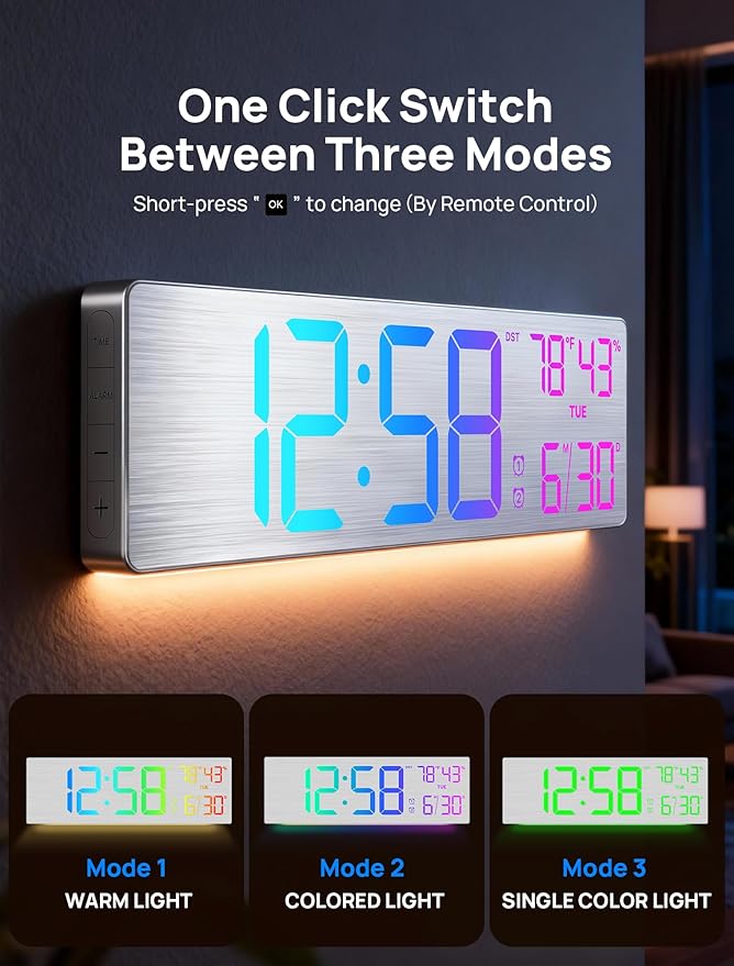 18.5" Large Digital Wall Clock with Remote Control, Big LED Display Digital Clocks with Night Light, Alarm, Countdown, DST, Temp, Date for Living Room, Bedroom, Office, Gift for Seniors(Silver)