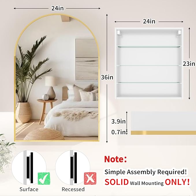 Gold Medicine Cabinet with Mirror,Bathroom Arched Medicine Cabinet Wall Mounted,Modern Vanity Mirror with Storage,Bathroom Storage Cabinet with Adjustable Shelves,Not Recessed,24x36 Inch