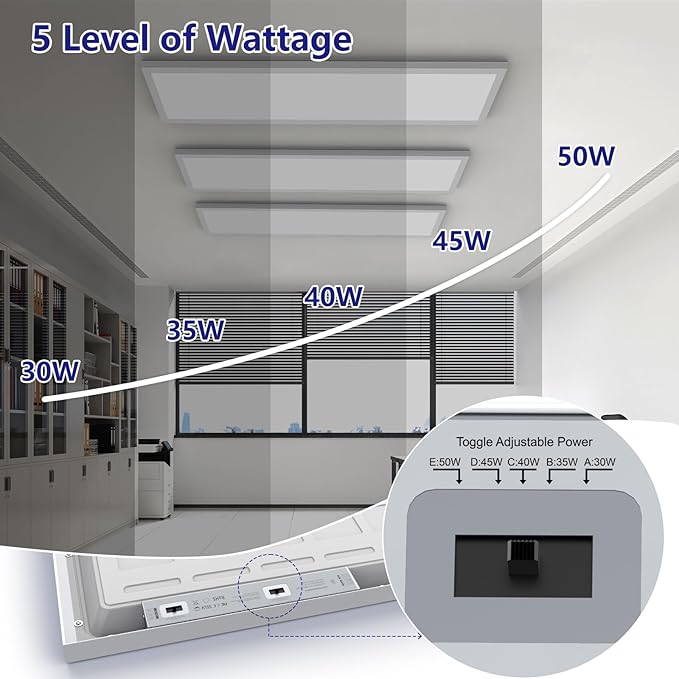 AIKVSXER 1x4 Led Flat Panel Light Surface Mount-6 Pack, 50W 5500Lm Dual Selectable 5CCT 3000K/4000K/5000K/5700K/6500K and Wattage 30-50W 0-10V Dimmable Ceiling Light Fixture for Kitchen/Laundry