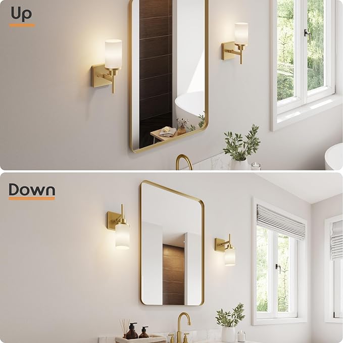 AONEON Vanity Lighting Fixtures with White Frosted Glass Shade, Modern Gold Wall Lamps for Bathroom Mirror Bedroom Living Room Porch, 2 Pack T001GD-L1-P2