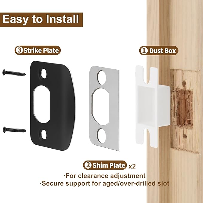 MOSECYOU Standard Door Strike Plate with Shim, Door Lock Latch Restorer Spacer, Universal Residential Security Striker, Fix Door Won’t Latch Close (Black)
