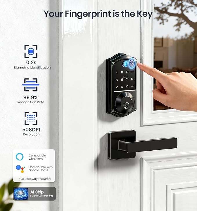 Veise VE017-B Fingerprint Smart Lock for Front Door, App Control, 7-in-1 Keyless Entry Deadbolt with 2 Zinc Alloy Lever Handles Set, Emergency Power Port, Auto Lock, Electronic Keypad, Black