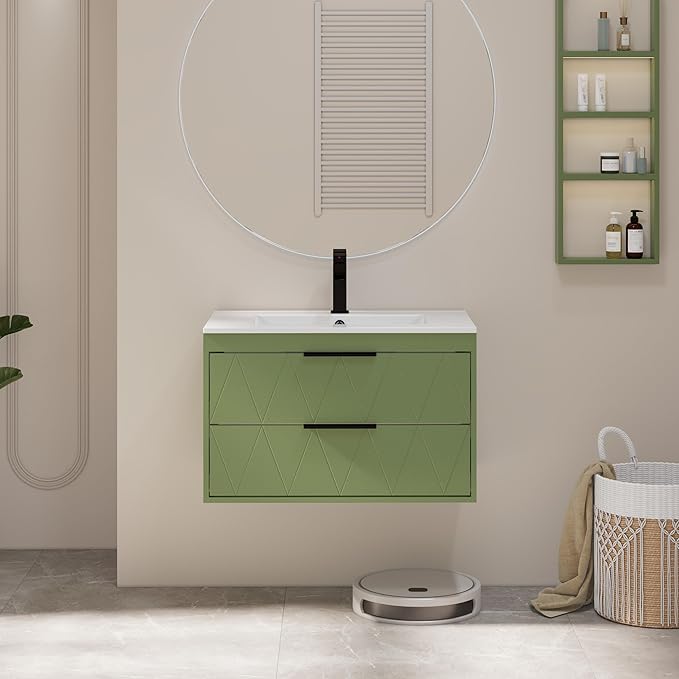 eclife 30" Bathroom Vanities Cabinet with Sink Combo, Wall Mounted Floating Cabinet W/Decor Line, Soft-Close System, 2 Extra Big Drawers, Matte Black Faucet, Matcha Green