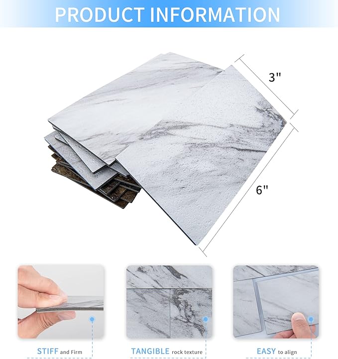 Art3d 102-Piece Peel and Stick Tile Backsplash for Kitchen Bathroom, 3in. × 6in. Stick on Subway Tile White Granite