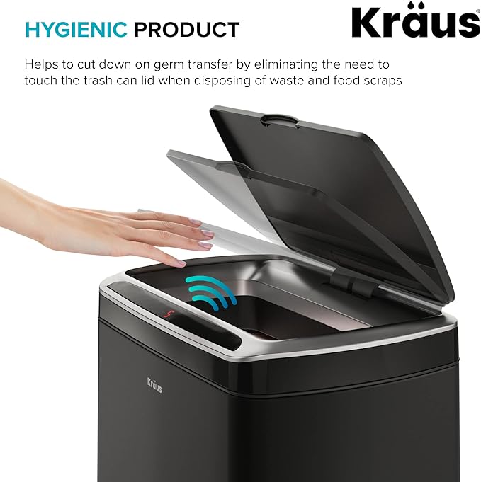 Kraus GarbagePro Rectangular 13 Gallon Hands-Free Motion Sensor Trash Can Battery Operated in Matte Black Finish with SoftShut Touchless Lid, KTCS-10MB