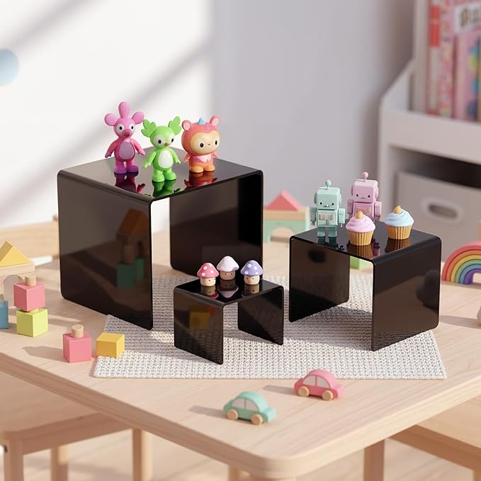 Chuangdi 2 Sets Acrylic Display Risers, Product Stand, Jewelry Display Riser Shelf Showcase Fixtures for Dessert Cupcake Candy Figure Treat Action Showcase(Black,Medium Set)
